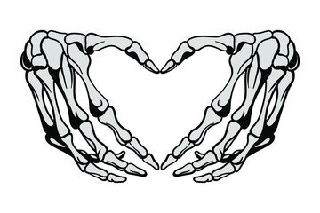 Skeleton hands howing heart shape. T-shirt print for Horror or Halloween. Hand drawing illustration isolated on white background. Vector EPS 10