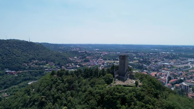 Aerial View Of Castello Baradello On Hilltop Next To City Of Como, Northern Italy. Circle Dolly