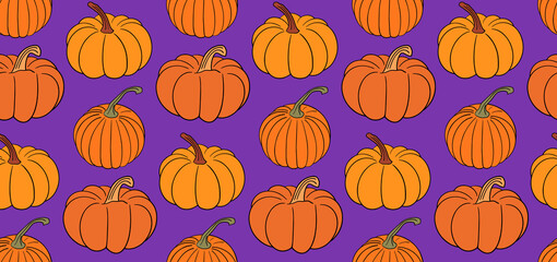 Pumpkin seamless pattern background, hand drawn squash in warm natural fall colors isolated on white on purple backdrop. Vector illustration, texture design for autumn, Halloween, Thanksgiving. Rustic