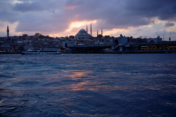 Naklejka premium Beautiful sunset with clouds in Istanbul landscape Ortakoy Mosque, Bosphorus Bridge, Fatih Sultan Mehmet Bridge Istanbul Turkey