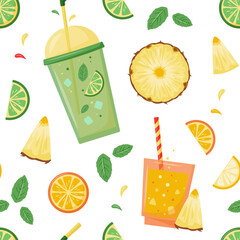 Vector seamless pattern with summer cocktails, juice and fruits. Summer holiday, vacation, travel. Background for summer concept, surface design, textile, print © Elena Iakovleva
