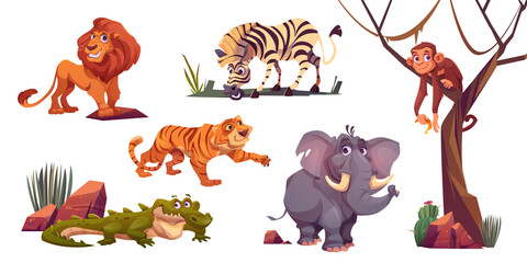 Fototapeta premium Cartoon wild animals tiger, monkey, zebra and lion with elephant and crocodile. Jungle inhabitants predators and herbivorous in zoo or safari park. Beasts in fauna, isolated vector illustrations set