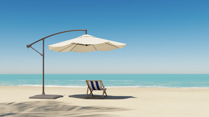 Fototapeta na wymiar white parasol and beach sun bed and tropical ocean, 3d