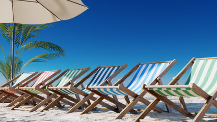 various color beach sunbed and white parasol, 3d