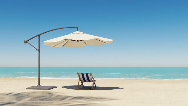 white parasol and beach sun bed and tropical ocean, 3d