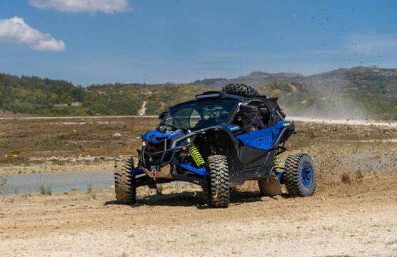 Can-Am Maverick X RS rally buggy in competition on land, in Cabeceiras de Basto, Portugal