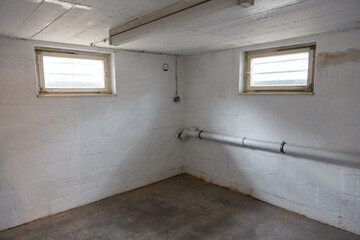 Corner in a room in the basement with windows and pipe