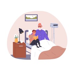 Child visiting grandfather in hospital. Boy kid and senior old man grandad reading book in bed together. Grandchild and elderly person in clinic. Flat vector illustration isolated on white background