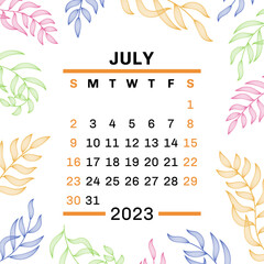 Fototapeta na wymiar July. Calendar 2023. Leaves. Vector leaf. Hand drawn repeating elements. Fashion design print. Natural background