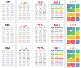 2023, 2024 and 2025 calendar set. Color vector pocket calender design. Week starts on Sunday. January, February, March, April, May, June, July, August, September, October