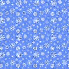 Falling Snowflakes on Blue background. Seamless pattern snowflake Design texture winter season for prints. White snowflakes New Year. Repeat snow flakes. Snowflake in doodle style. Vector illustration