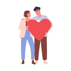 Love couple of young man and woman holding big heart in hands together. Happy valentines, lovers, people in romantic relationships. Flat graphic vector illustration isolated on white background