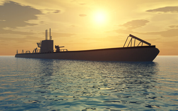 Unterseeboot aus dem zweiten Weltkrieg bei Sonnenuntergang