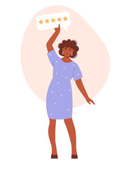 Happy female customer gives 5 star rating. Feedback concept. Flat vector illustration.