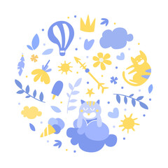 Cute Nursery Design with Blue Lovely Childish Elements Arranged in Round Vector Composition