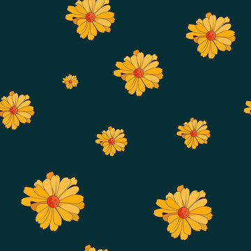 Seamless textile flower pattern marigolds on a dark background. Vector illustration in doodle cartoon style. © Ирина Тюжина