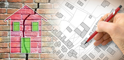 Cracked brick wall with a colored house drawn on it and hand drawing over a cadastral map - concept...