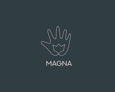 Abstract thin line hand and crown icon logo design template. Premium line art mystic, optic, vision vector sign symbol logotype.