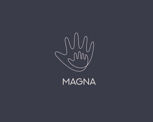 Abstract kid hand and a big adult hand icon logo design template. Premium line art care, support, maternity vector sign symbol mark logotype isolated on dark background.