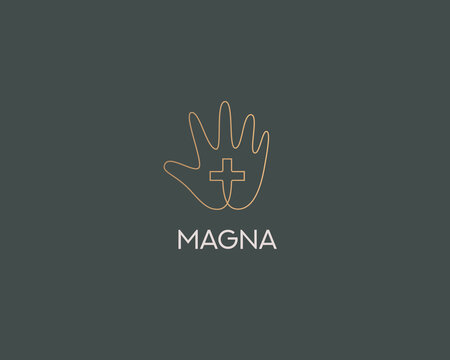 Graceful Christian cross in the palm logo design. Luxury thin continuous line vector religion, faith, holy vector sign logotype