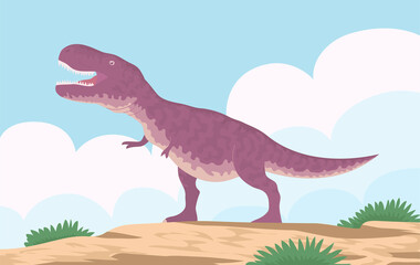 Obraz na płótnie Canvas Predatory dinosaur tyrannosaurus rex of the Jurassic period. Carnivorous lizard. Prehistoric strong hunter. Wild landscape. Cartoon vector illustration