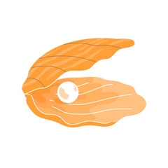 Seashell with pearl. Marine underwater twisted shell. Undersea mollusc. Decoration for women. Flat vector illustration isolated on white background