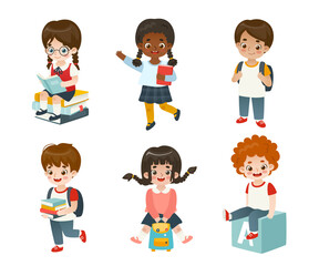 Set of cartoon school children. Bundle of happy diverse kids in school. Cute pupils collection.