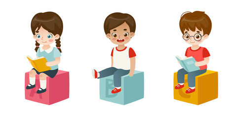 Clever kids sitting on abc blocks and reading book. Set of smart children on cubes.