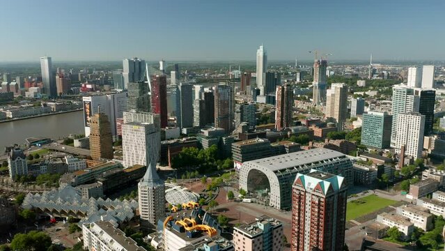 Panorama Of Rotterdam Skyline And Nieuwe Maas At Daylight In Netherlands. - aerial pullback
