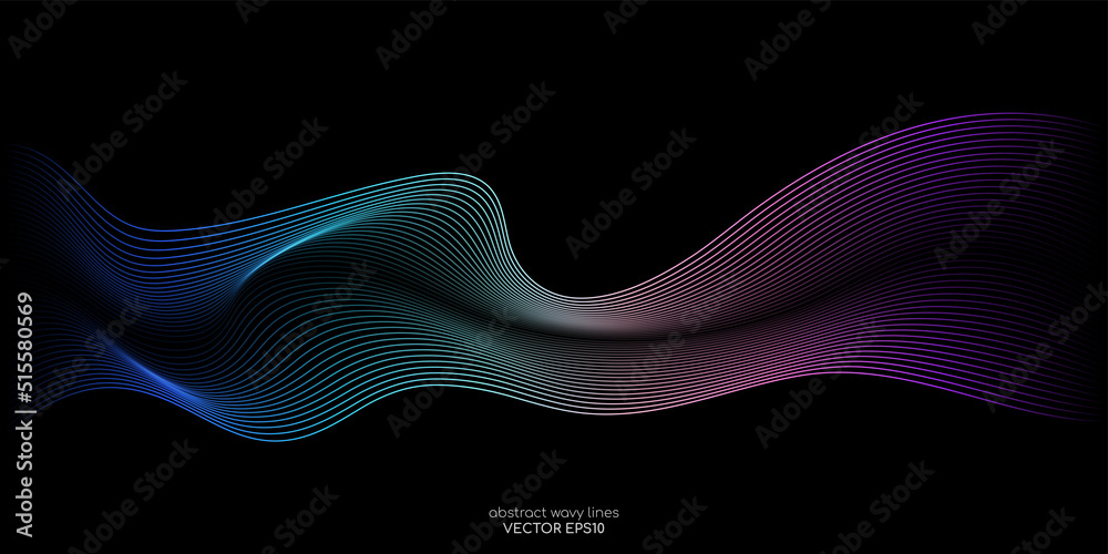 Poster Flowing wave lines pattern spectrum light gradient curve shape isolated on black background. Vector in concept of technology, science, music, modern.