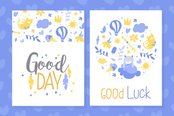 Cute Blue Good Day and Luck Text Card Design Vector Template