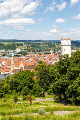 View of Ravensburg city from above with Mehlsack Turm tower and old town portrait format in Germany