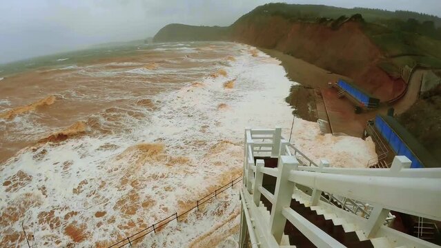 Sidmouth, Devon, United Kingdom - Dec 7, 2021: Coastal storm surge Storm Barra