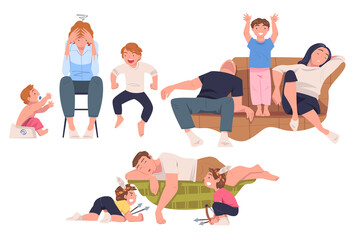 Tired Parents Exhausted with Noisy and Energetic Kids Playing Around Vector Set