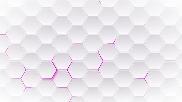Abstract technological background white hexagons with fuchsia glow. Seamless loop