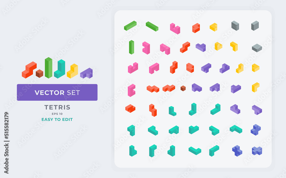 Fototapete Isometric kit vector set of colorful tetris elements