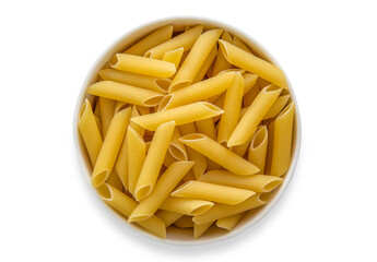 Penne pasta isolated on white background, uncooked pasta on a wooden table