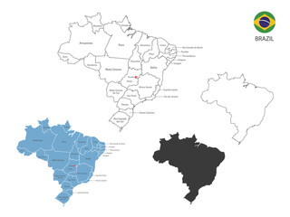 4 style of Brazil map vector illustration have all province and mark the capital city of Brazil. By thin black outline simplicity style and dark shadow style. Isolated on white background.