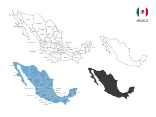 Fototapeta premium 4 style of Mexico map vector illustration have all province and mark the capital city of Mexico. By thin black outline simplicity style and dark shadow style. Isolated on white background.