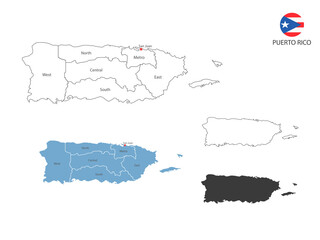 4 style of Puerto Rico map vector illustration have all province and mark the capital city of Puerto Rico . By thin black outline simplicity style and dark shadow style. Isolated on white background.