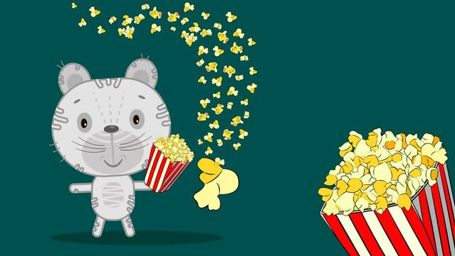 
Funny animals. A little bear and popcorn. Animation in cartoon style for design.