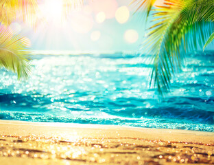 Summer Beach - Defocused Sea With Blurred Palm Leaves And Bokeh Lights On Ocean - Golden Sand In...