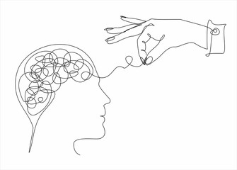 Psychologic therapy session concept with human head continuous line drawing and helping hand unravels the tangle of messy thoughts with mental disorder, anxiety and confusion mind or stress. 