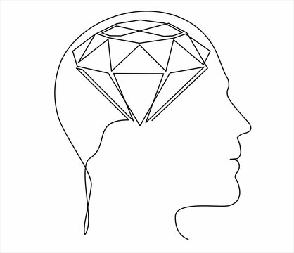 Head of a man with brilliant, diamond inside, drawn in one line on a white background. Wealth thoughts concept, million dollar thought. One-line drawing. Continuous line. 
