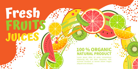 Fresh fruit juices banner. Vector stock illustration