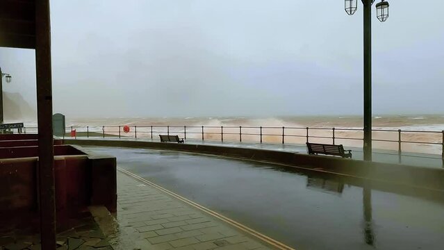 Sidmouth, Devon, United Kingdom - Dec 7, 2021: Coastal Storm Surge Storm Barra