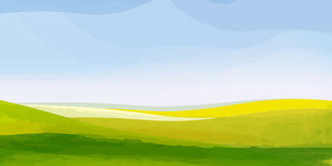 Landscape, bright and positive minimalist cartoon background. Fields and meadows and blue sky.Vector illustration, concept for card, banner, poster, flyer, print.