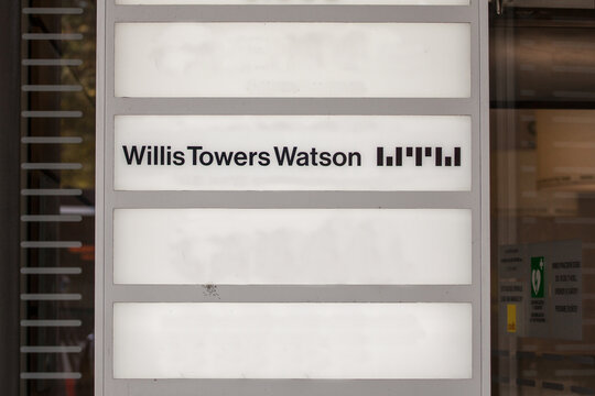 PRAGUE, CZECHIA - OCTOBER 31, 2019: Willis Towers Watson Logo In Front Of Their Office For Prague. Willis Towers Watson Is A British And Irish Insurance And Risk Advisory Company