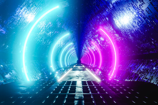 modern tunnel with bright glowing neon blue and pink lights. 3d render