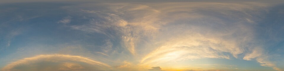 Bright sunset sky panorama with Cirrus clouds. Hdr seamless spherical equirectangular 360 panorama. Sky dome or zenith for 3D visualization, game and sky replacement for aerial drone 360 panoramas.